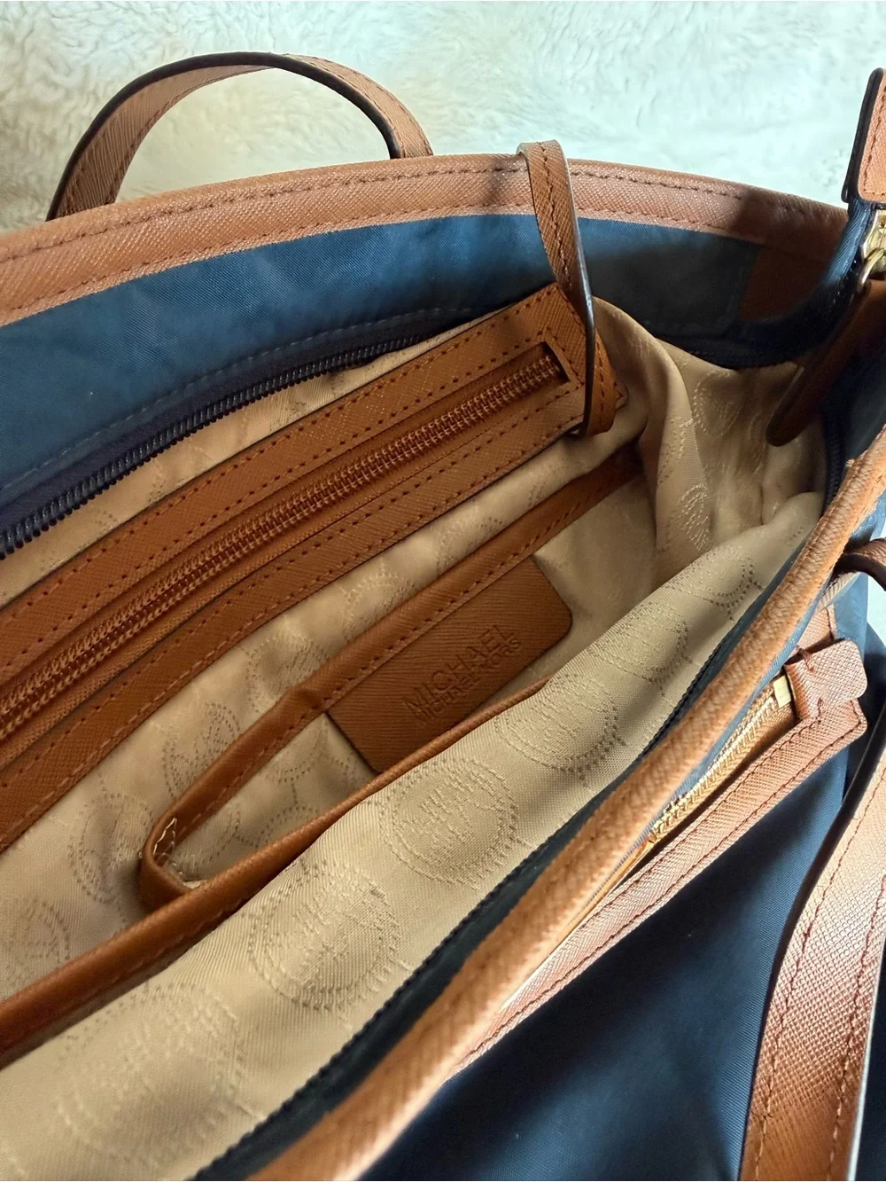 Michael Kors Navy Tote with Brown Leather Trim and Gold Hardware